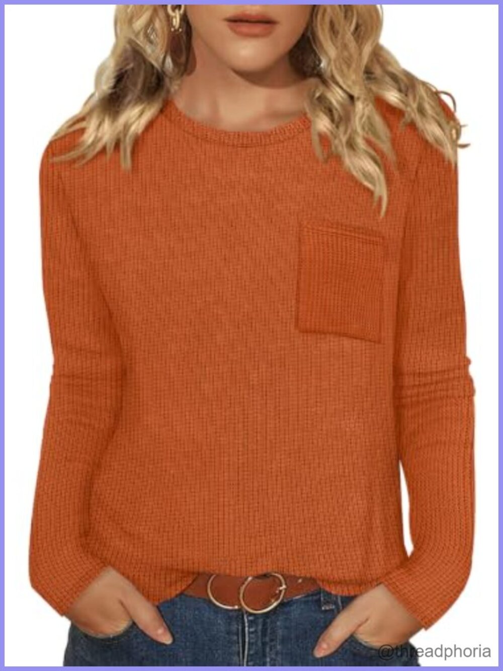 Long Sleeve Waffle Knit Blouse Round Neck Curved Hem Pocket